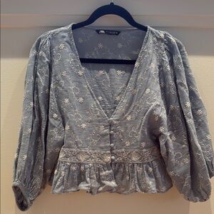 Zara Gray Puff Sleeve Peplum Blouse